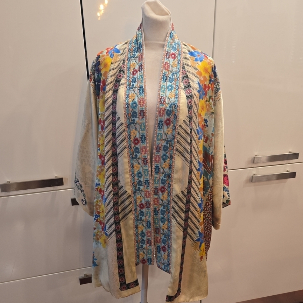 Johnny Was Silk Floral Kimono Reversible Cardigan Jacket Multicolored Medium
